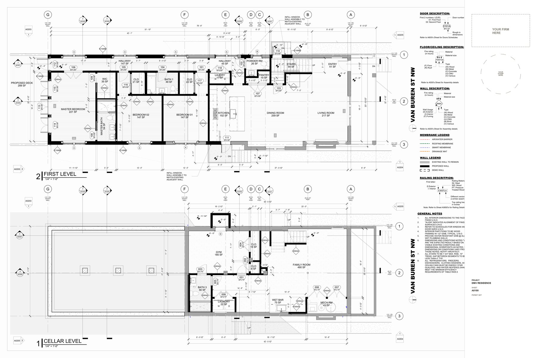 Single-Family Residence, Permit set · Floor plan, Washington, DC, sheet A0100