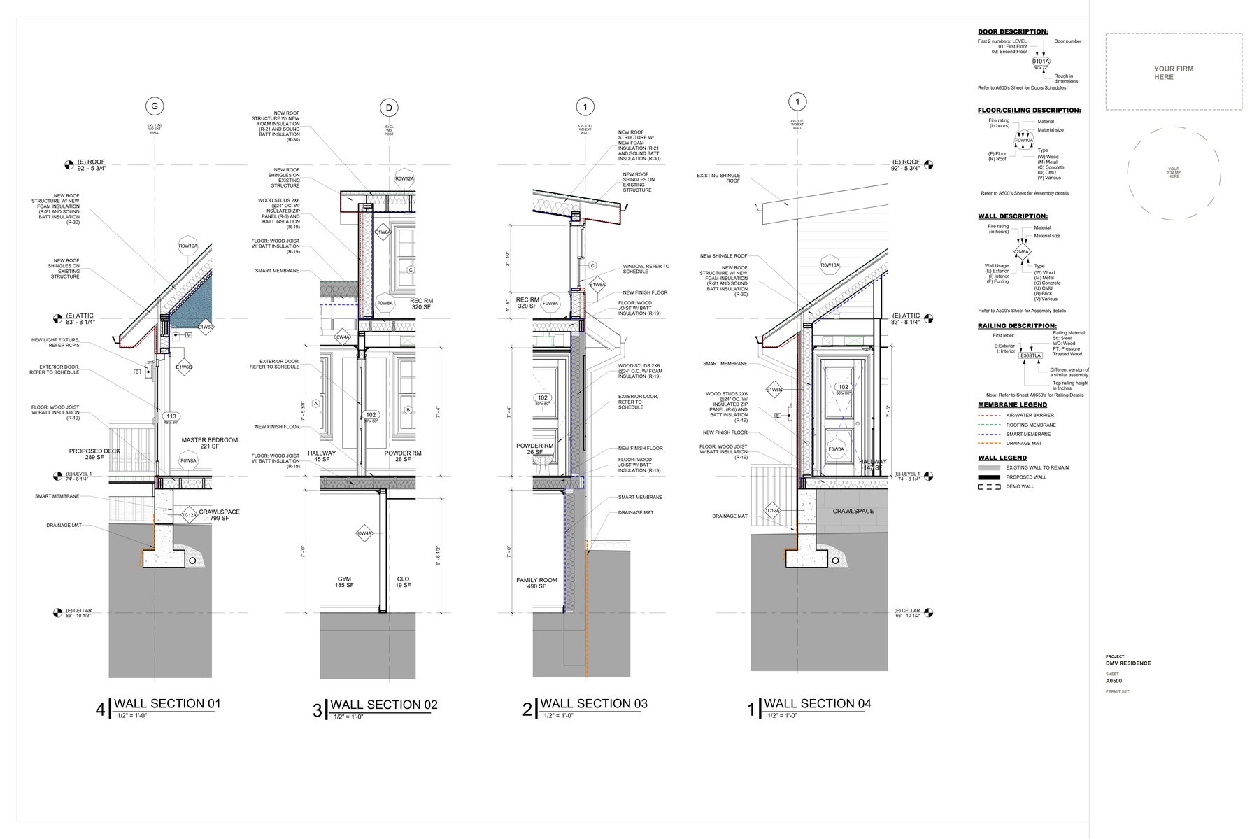 Building Wall Sections, Wall section · Detail, Arlington, VA, sheet A0500