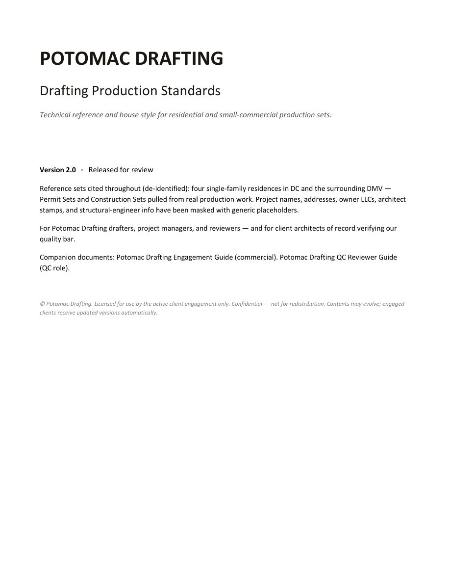 Sample page from the Potomac Drafting production manual: COVER · DRAFTING PRODUCTION STANDARDS